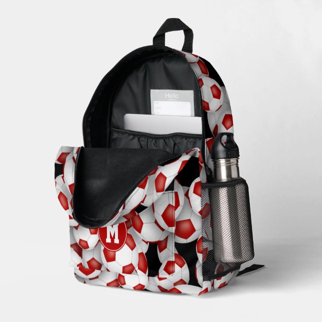 Kids monogrammed red white soccer balls pattern  printed backpack (Back Corner Right (Open))