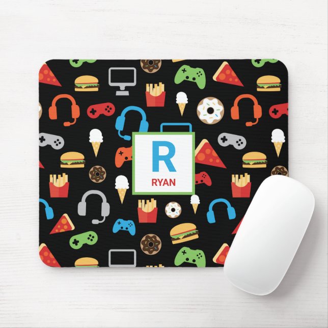 Kids Monogrammed Video Game Party Pattern Gamer Mouse Mat (With Mouse)
