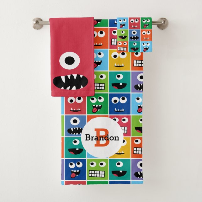 Kids Monster Face Pattern Colourful Monogram Boys Bath Towel Set (Insitu)