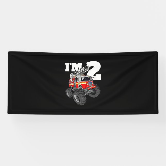 Kids Monster Fire Truck 2nd Birthday Boy 2 Toddler Banner (Horizontal)