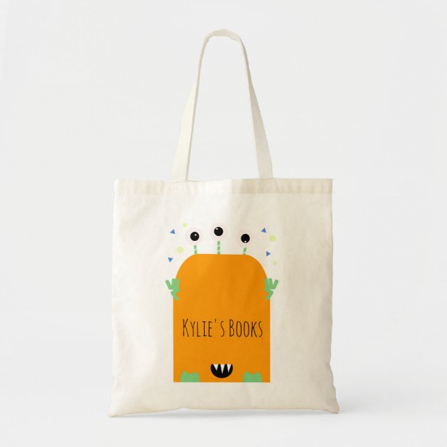 Kids Monster Orange Cartoon Library Book  Tote Bag (Front)