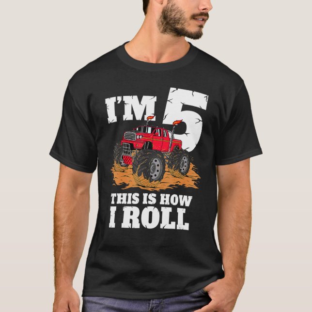 Kids Monster Truck 5th Birthday Boy 5 Five Year Ol T-Shirt (Front)