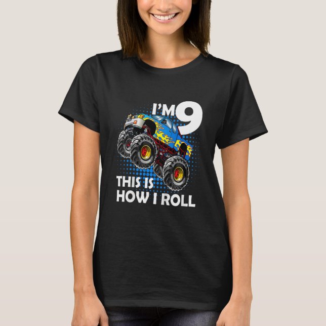 Kids Monster Truck 9th Birthday 9 year Olds Birthd T-Shirt (Front)