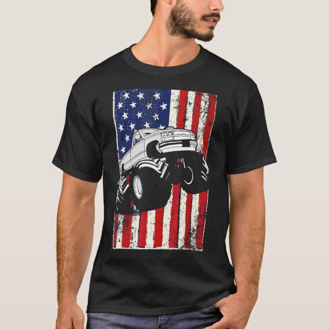 Kids Monster Truck American Flag Racing Usa Patrio T-Shirt (Front)