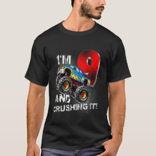 Kids Monster Truck Birthday I'm 9 and Crushing It T-Shirt