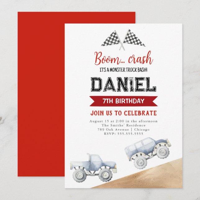 Kids Monster Truck Birthday Party Invitation (Front/Back)