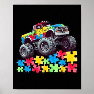 Kids Monster Truck Drives Over Puzzles Autism Awar Poster