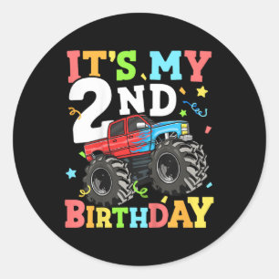 Kids Monster Truck Its My 2nd Birthday Boy Two 2 T Classic Round Sticker