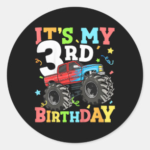 Kids Monster Truck Its My 3rd Birthday Boy 3 Three Classic Round Sticker