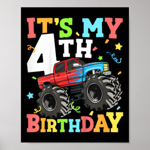 Kids Monster Truck Its My 4th Birthday Boy 4 Four  Poster