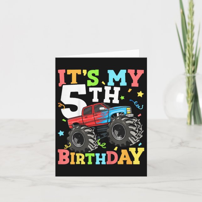 Kids Monster Truck Its My 5th Birthday Boy 5 Five  Card (Front)