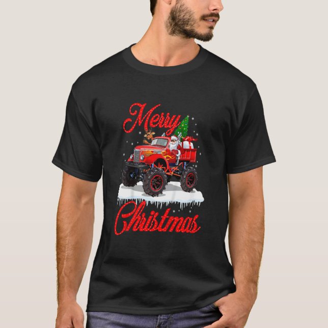 Kids Monster Truck Lights Xmas Tree Santa Monster  T-Shirt (Front)