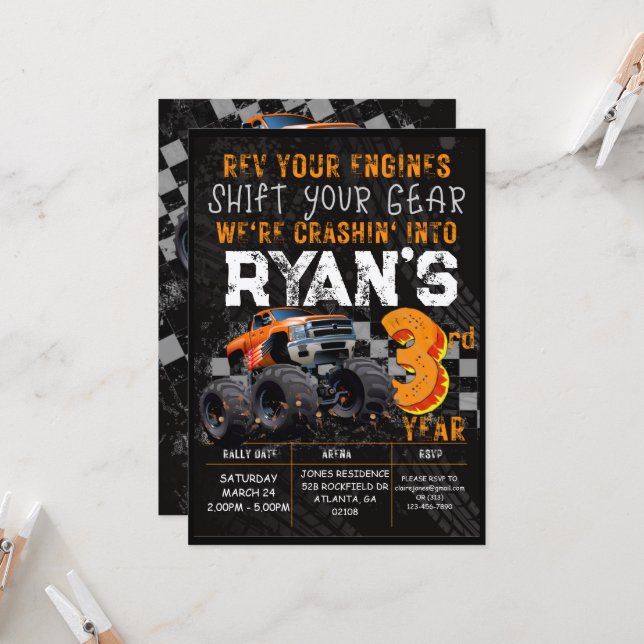 Kids Monster Truck Rally 3rd Birthday Party Invitation (Front/Back In Situ)