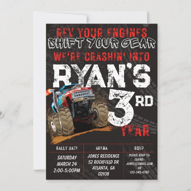 Kids Monster Truck Rally Birthday Party Invitation (Front)