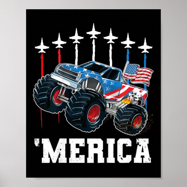 Kids Monster Truck Usa Flag Patriotic Toddlers Boy Poster (Front)