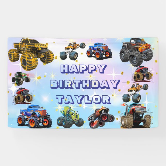 Kids Monster Trucks Race Car boy Birthday Party  Banner (Horizontal)