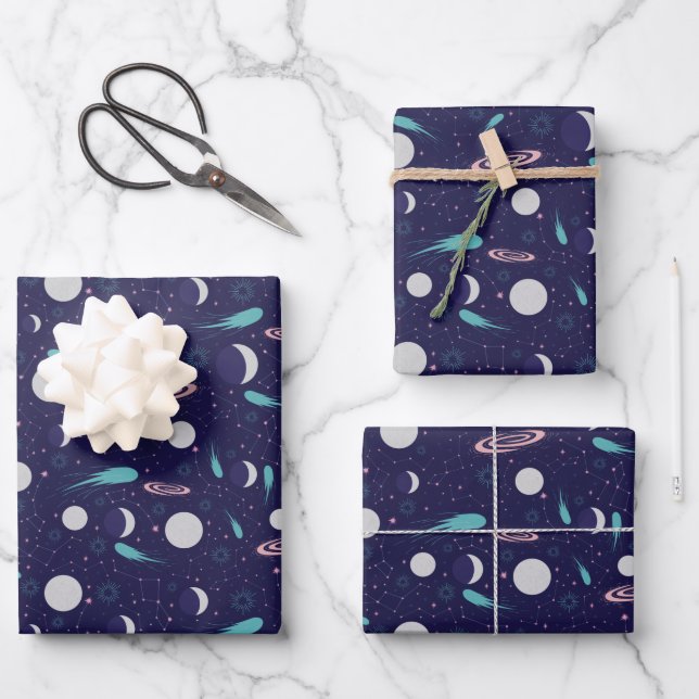 Kids Moon Meteor Black Hole Planet Comet Wrapping Paper Sheet (Front)