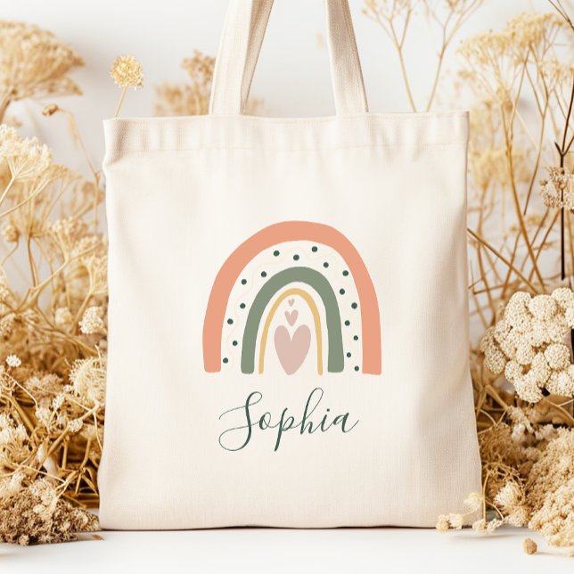 Kids Name Boho Rainbow Heart Earth Tones Tote Bag (Creator Uploaded)