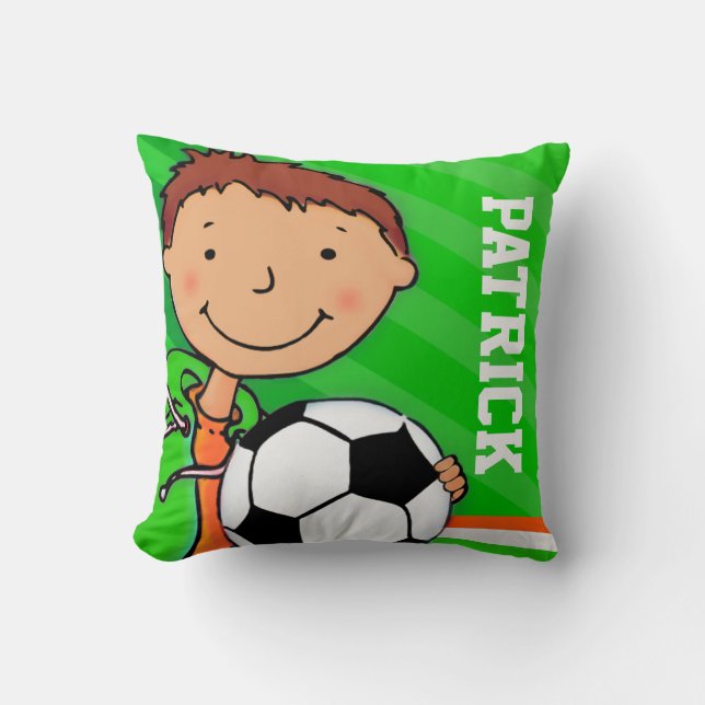 Kids name boy football soccer green pillow cushion (Front)