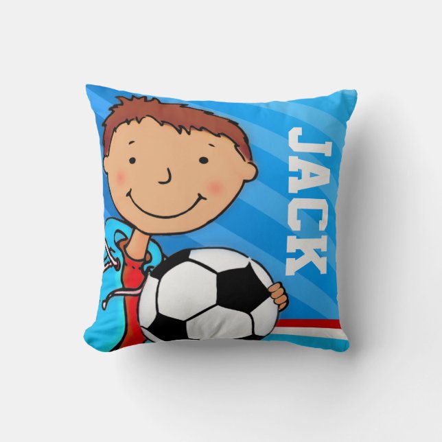 Kids name boys football soccer blue pillow cushion (Front)