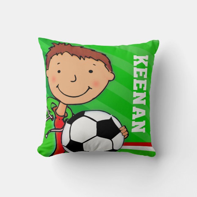 Kids name boys football soccer green red cushion (Front)