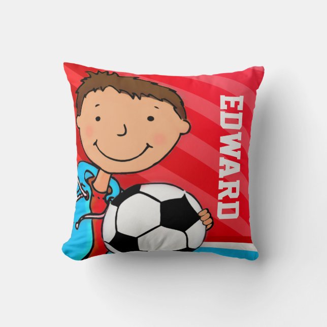 Kids name boys football soccer red blue pillow (Front)