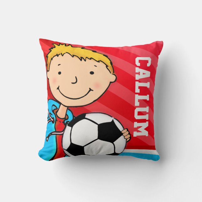 Kids name boys football soccer red pillow cushion (Front)