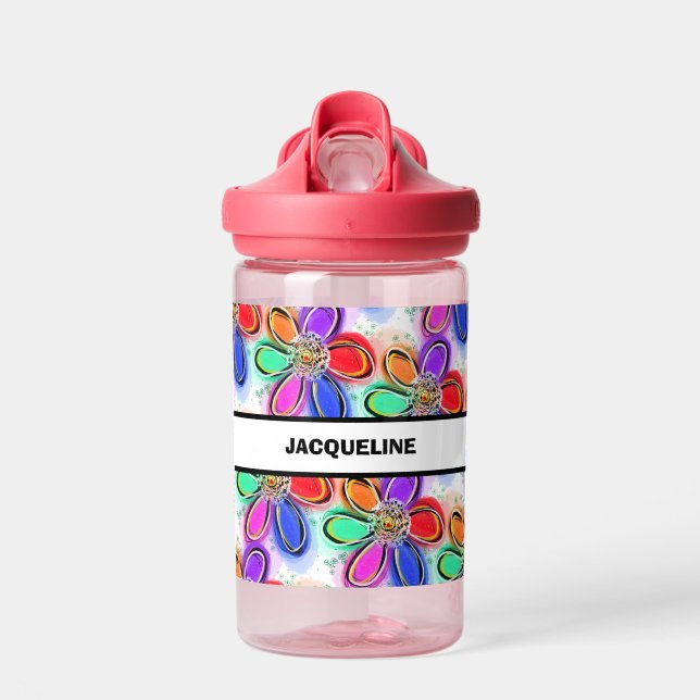Kids NAME Colourful Artsy Flowers  Water Bottle (Front)