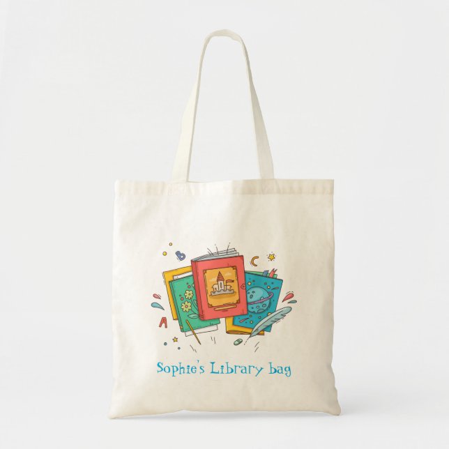 Kid's name cute books library bag (Front)