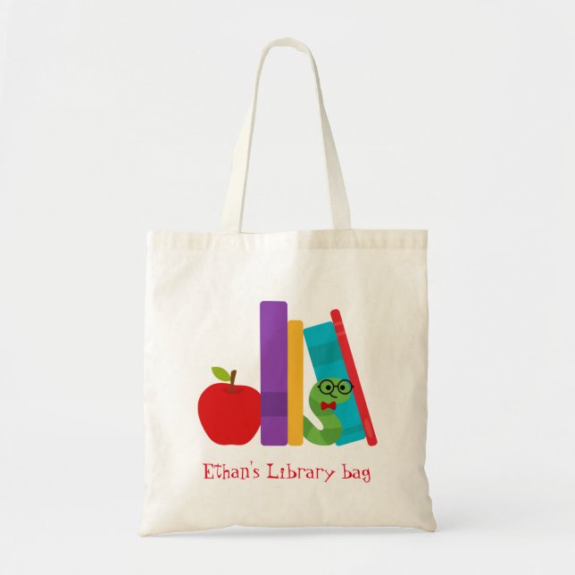 Kid's name cute bookworm library bag (Front)