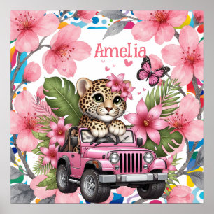 Kids Name & Floral Baby Jungle Animals Nursery Poster