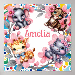 Kids Name & Floral Baby Jungle Animals Nursery Poster