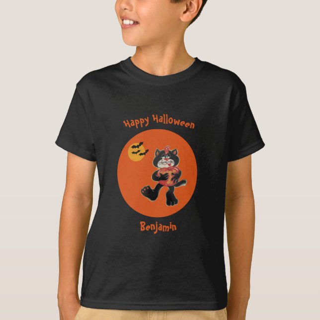 Kids Name Halloween Cute Black Cat Moon Bats T-Shirt (Front)