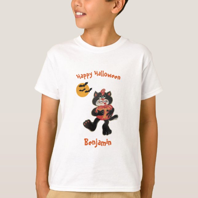 Kids Name Halloween Cute Black Cat Moon Bats T-Shirt (Front)
