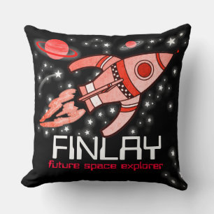 Kids name rocket space explorer black red pillow