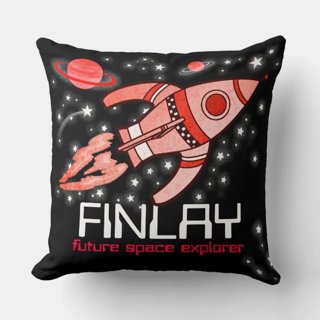 Kids name rocket space explorer black red pillow (Front)