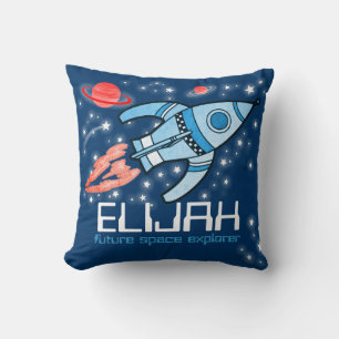 Kids name rocket space explorer blue Elijah pillow