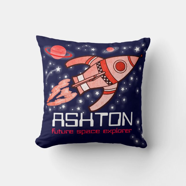 Kids name rocket space explorer navy red pillow (Front)