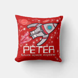 Kids name rocket space explorer red pillow