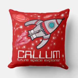 Kids name rocket space explorer red pillow