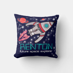 Kids name rocket space explorer teal blue pillow