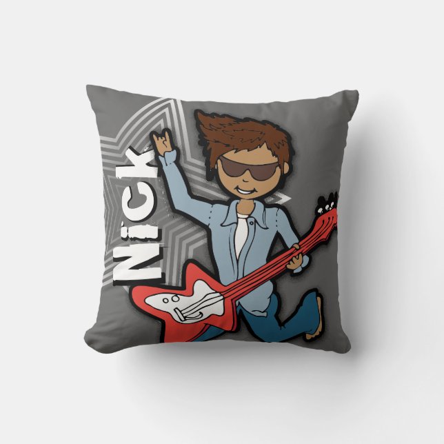 Kids name rockstar guitar boy grey pillow (Front)