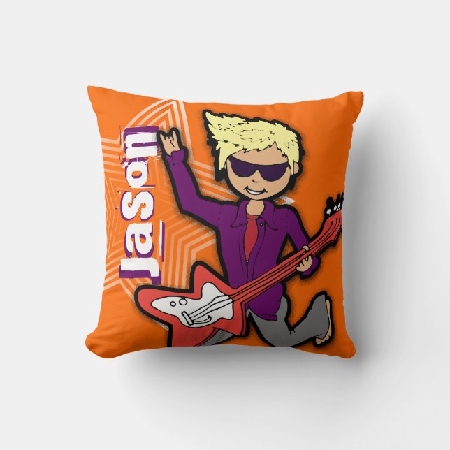 Kids name rockstar guitar boy orange purple pillow (Front)
