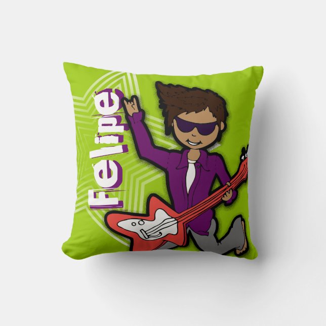 Kids name rockstar guitar green & purple pillow (Front)