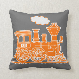 Kids name steam train orange grey throw pillow
