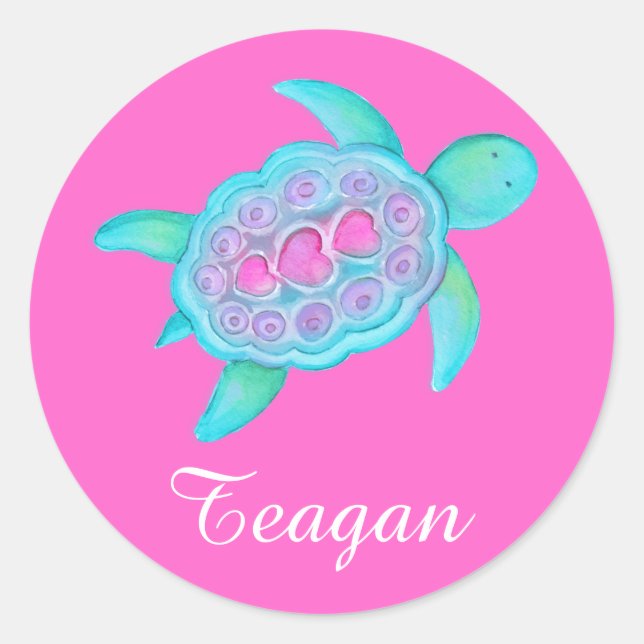 Kids named ID turtle hearts pink stickers x4 or 20 (Front)