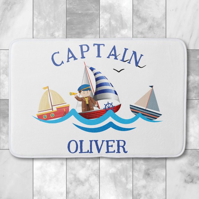 Kids Nautical Boat Captain Personalised Bath Mat (Creator Uploaded)