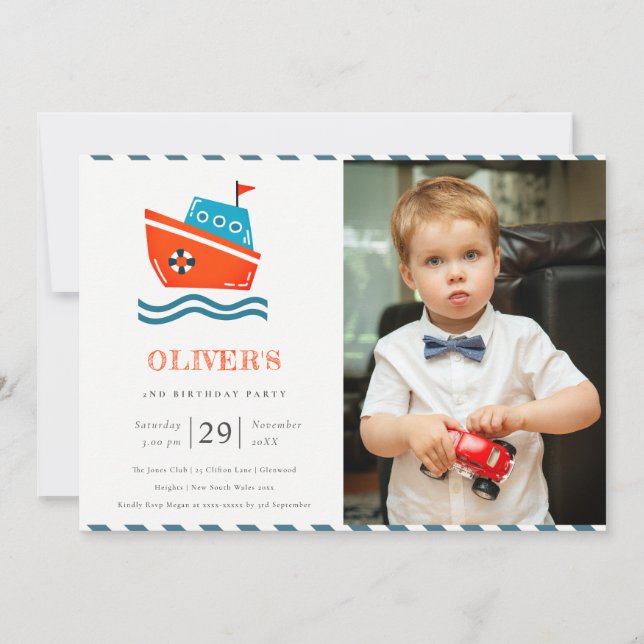 Kids Nautical Boat Photo Any Age Birthday Invite (Front)