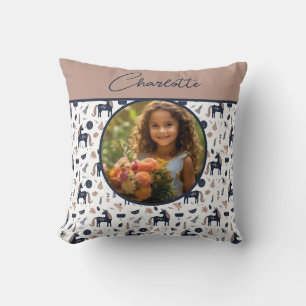 Kids Navy Beige Unicorn Custom Photo with Name Cushion
