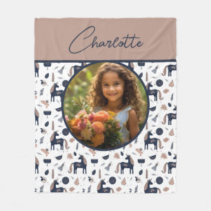 Kids Navy Beige Unicorn Custom Photo with Name Fleece Blanket